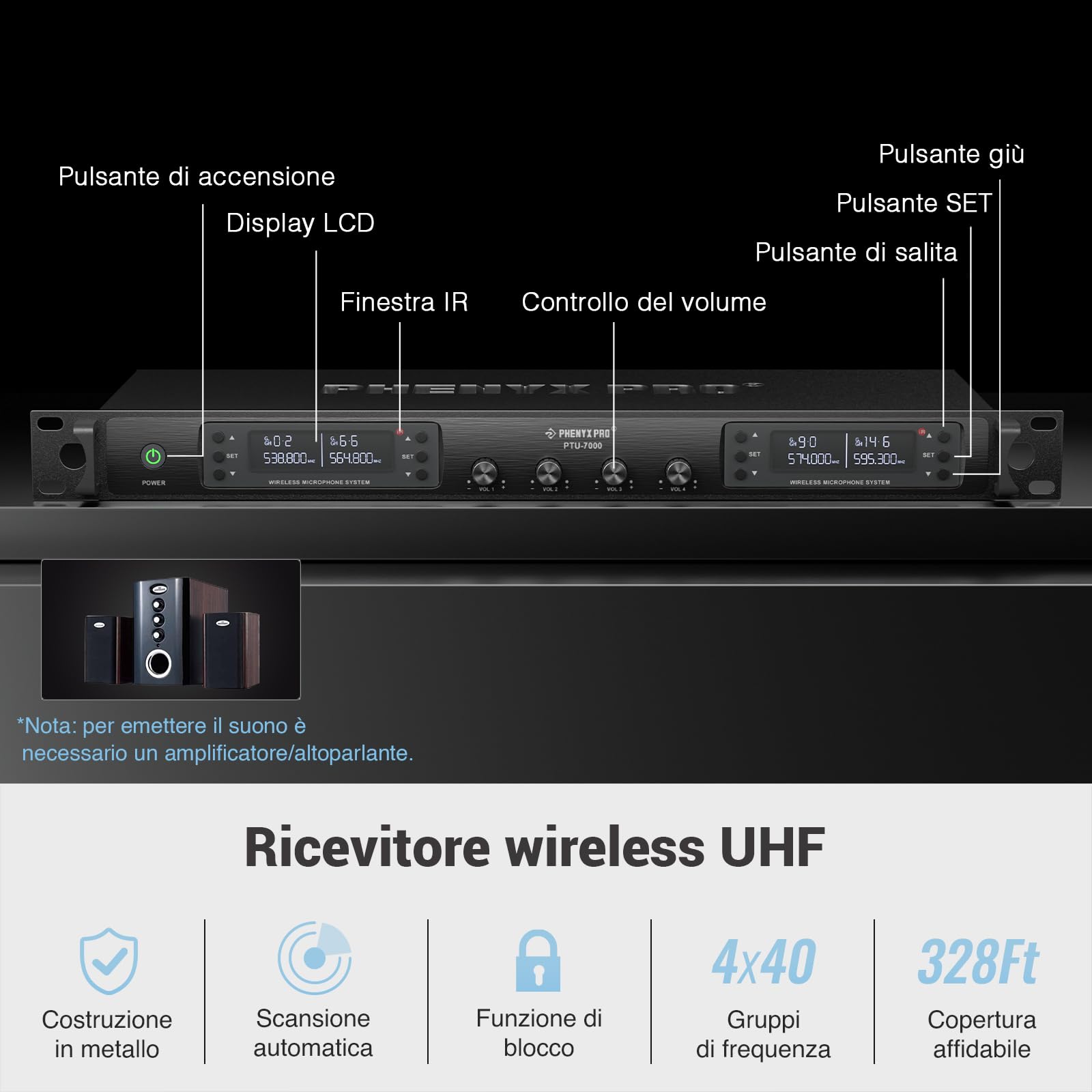 Phenyx Pro Sistema microfono wireless UHF a 4 canali con 4 bodypack, archetto/microfoni da bavero, 4x40 frequenze, scansione automatica, copertura di 328 piedi, per canto, DJ, chiesa (PTU-7000-4B)