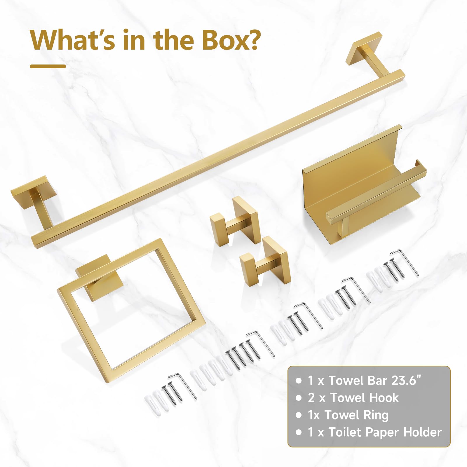 TQKAG 5-Pieces Brushed Gold Bathroom Hardware Accessories Set 23 6 SUS304 Stainless Steel Towel Bar Set Wall Mounted — view 8