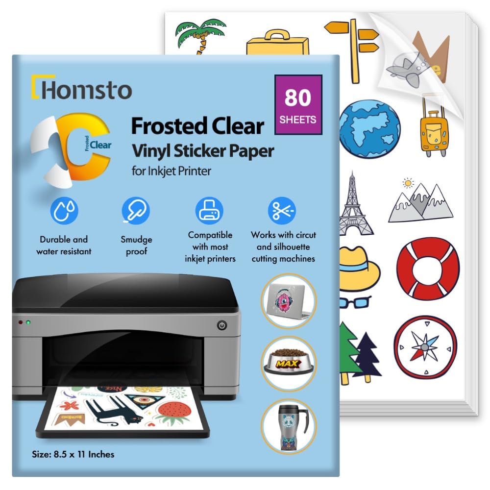 Clear Sticker Paper for Inkjet Printer - 95% Clear Printable Vinyl - Transparent Sticker Sheets - Transparent Vinyl for Waterproof Stickers & Labels - 80 Sheets - Ideal for Cricut & Home Printing