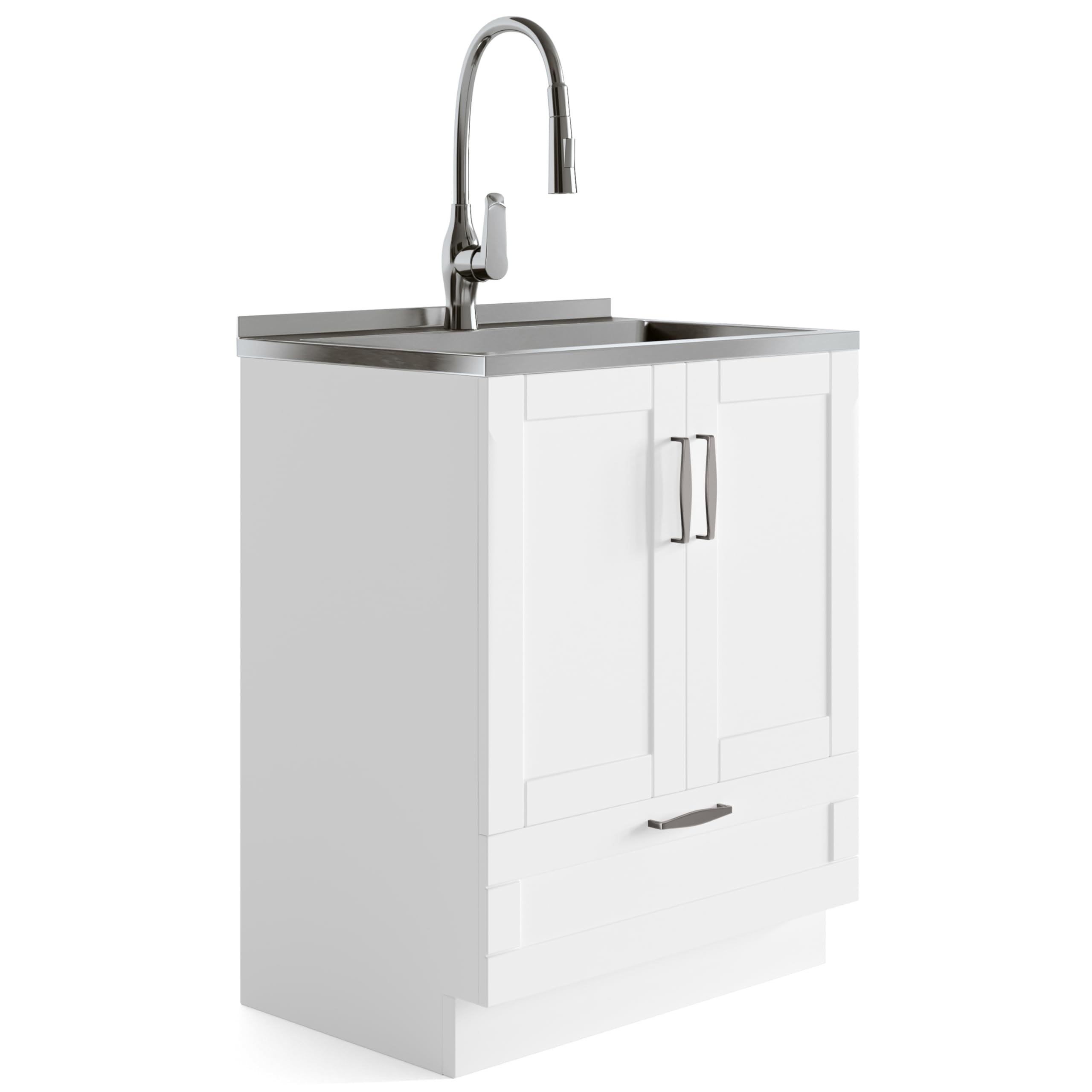 SIMPLIHOME Reed 28" Wide Stainless Steel Sink Laundry Cabinet in Pure White