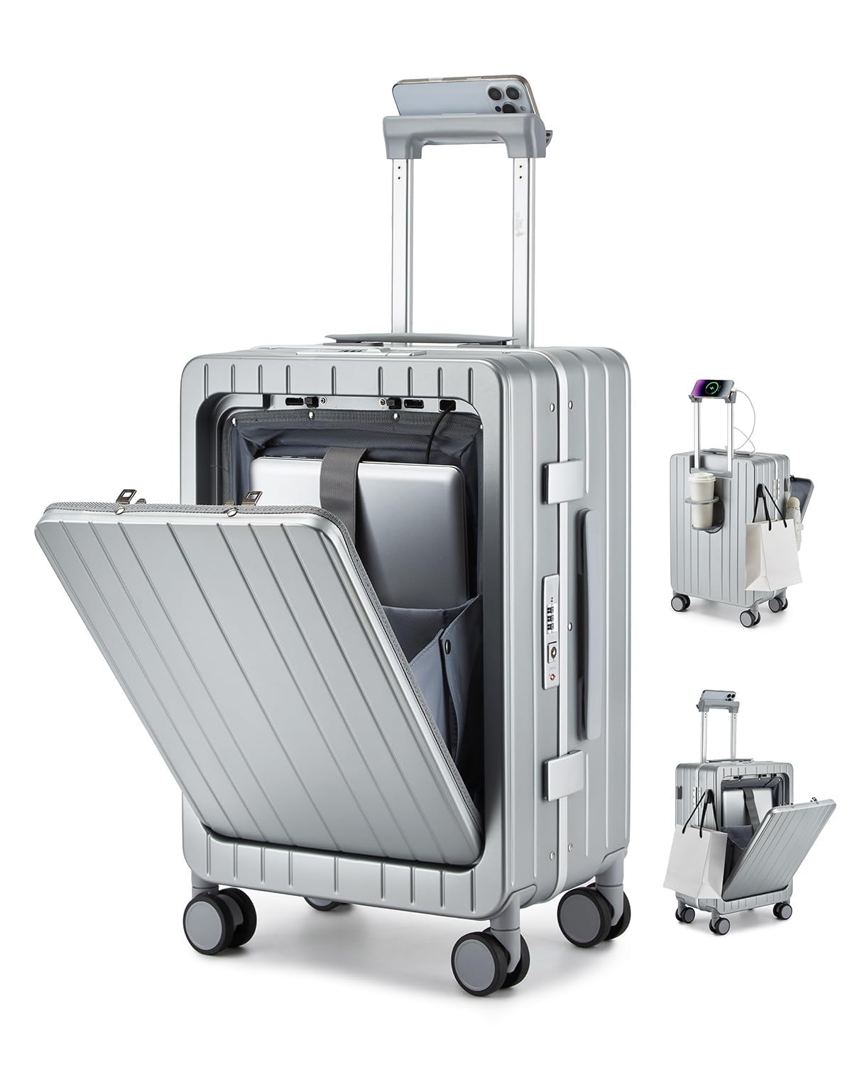 Sea choice Maleta de Mano de 20 Pulgadas con Compartimento Frontal para Portátil Marco de Aluminio Puerto USB Cerradura TSA Ruedas Giratorias 360° y Portavasos