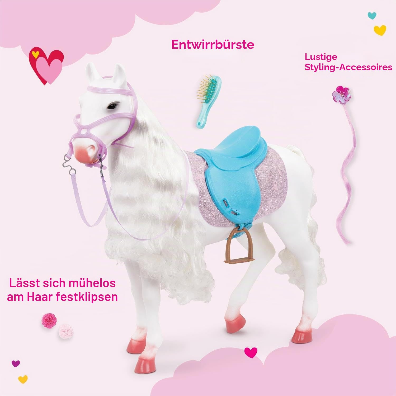 Our Generation | Pferd Camarillo Hair Play weiß mit Styling-Zubehör und Sattel | für Puppe 46 cm