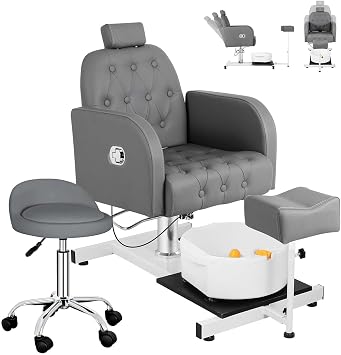 Pedicure Chair for Nail Tech,Reclining Pedicure Station with Foot Massage Basin and Stool, Hydraulic Adjustable Height Pedicure Chair No Plumbing,360 Rotation Beauty Spa Unit Station GrayKou