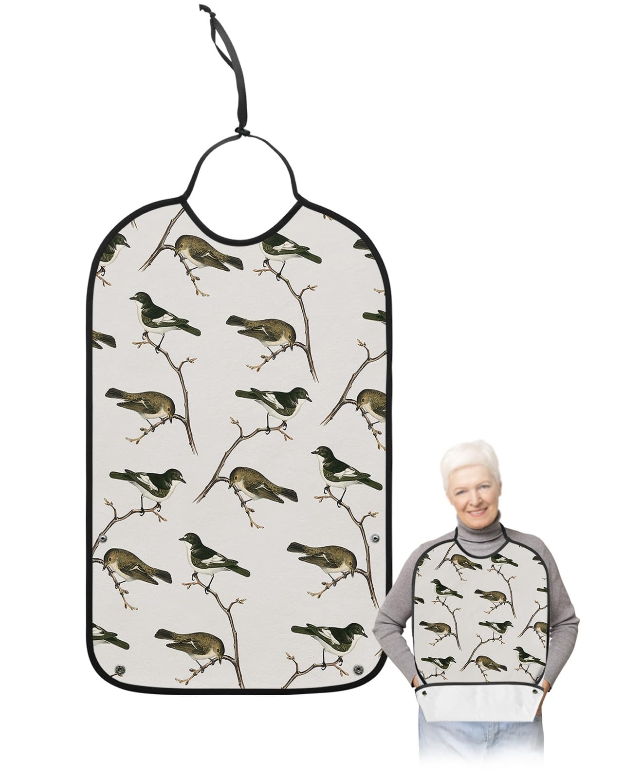 Christmas Birds Adult Bibs for Eating, Waterproof Bibs with Food Catcher & Adjustable Snap Closure, Winter Brids on The Branches Filling Washable Clothing Protectors Adult Bibs for Elderly Women/Men