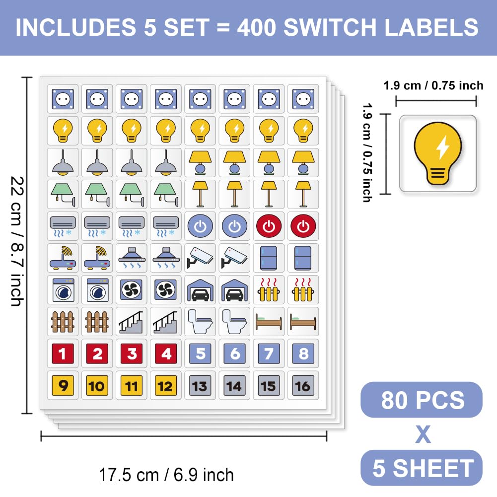 400 étiquette Autocollante pour Interrupteur 22 modèle Autocollants D'Identification D'Interrupteur Multicolores Autocollants Étiquettes de Tableau de Distribution pour Maison Cuisine Bains