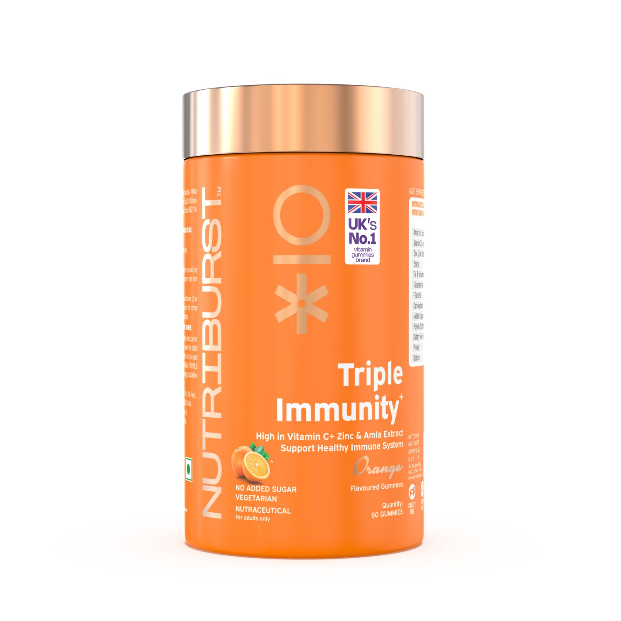 Nutriburst Triple Immunity Gummies with Vitamin C, Zinc and Amla extract | No-Added Sugar | Orange Flavor | 100% Vegetarian | 60 Gummy — Amazon image 2