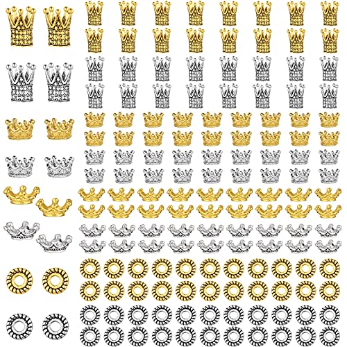 200 Pieces King Crown Charms Beads Colored Crown Beads Brass Crown Charms Loose Beads Alloy Large Hole Spacer Beads Bracelet Connector Charms for DIY Jewelry Crafts Making, 2 Colors and 4 Styles