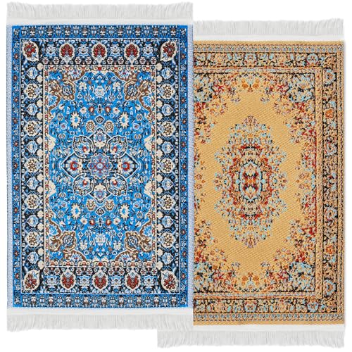 CHAMBERY 1:12 Scale Miniature Woven Rugs and Carpet 2Pcs Area Rug Dollhouse Accessories Decoration, Blue, Brown