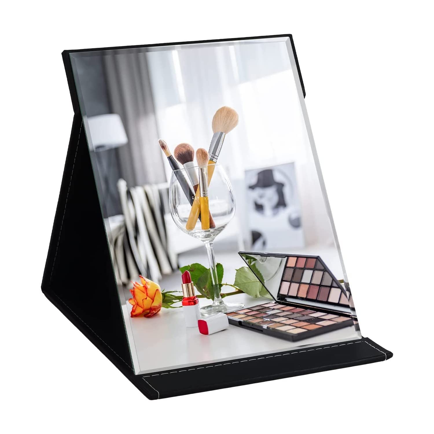 bgvm folding tabletop mirror, portable travel folding mirror, pu leather makeup mirror, free standing desktop vanity mirror, for office desk,vanity table, travel, camping (black, pack of 1)