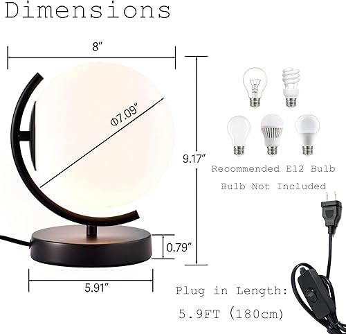 Miniatura 5 de Lámpara de mesa moderna con forma de globo  Pantalla de cristal de ópalo de 7.1 pulgadas, base de metal negro  Lámpara pequeña de mediados de siglo