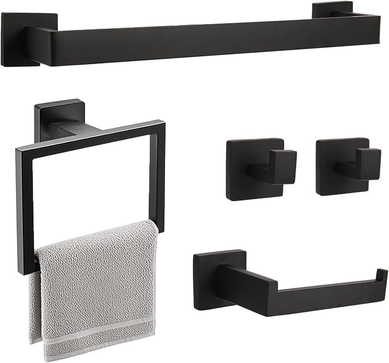16IN Bathroom Accessories, 5-Piece Black Bathroom Accessories | SUS304 Stainless Steel Bath Towel Bar Set,Towel Racks for Bathroom Wall Mounted
