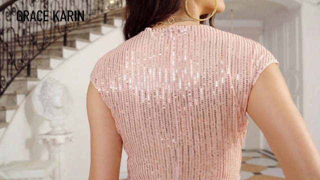 GRACE KARIN Donna Abito Da Festa Con Paillettes Maniche Corte Scollo A V Aderente Drappeggiato