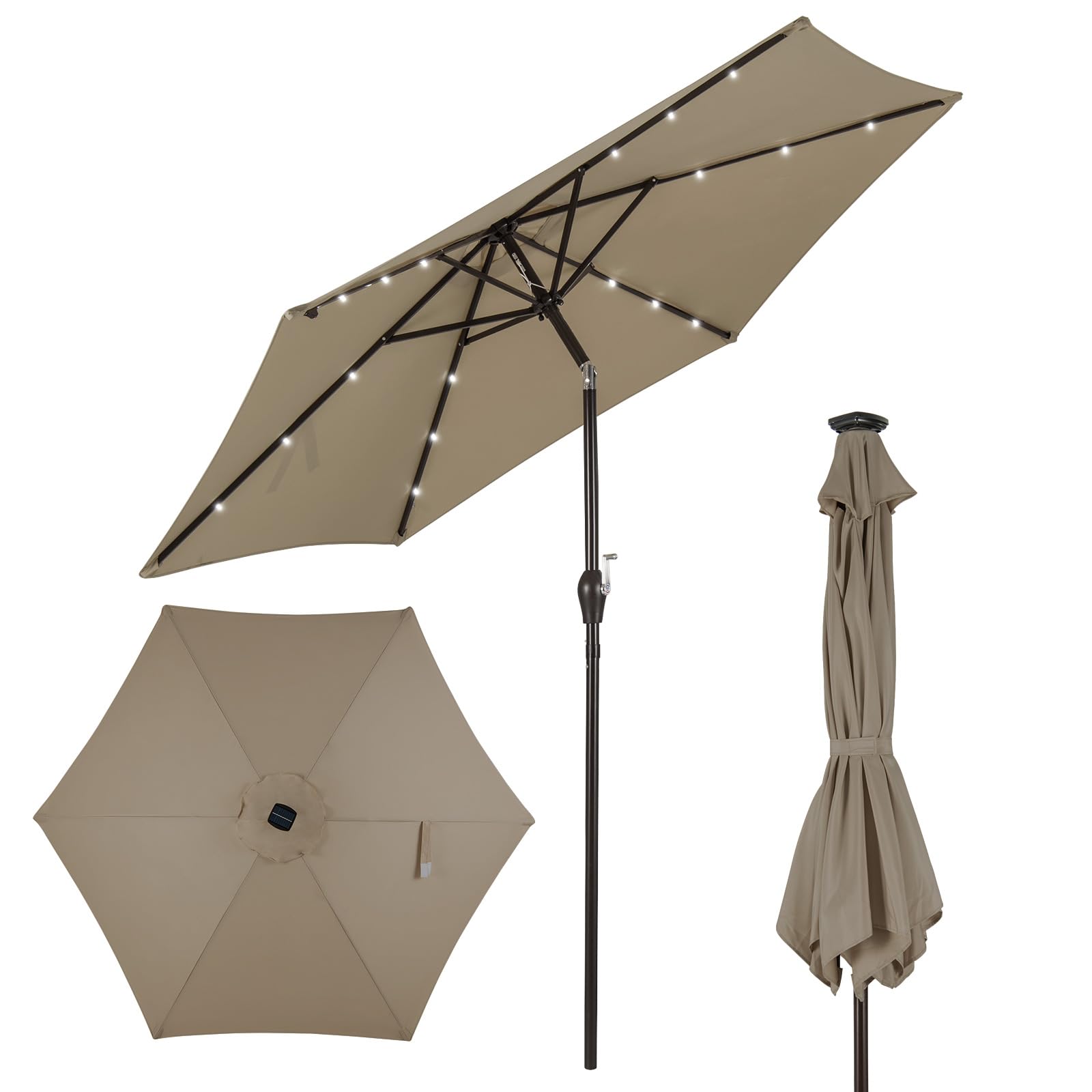 COSTWAY Ø270 cm Sombrilla Terraza Exterior, Parasol Terraza Exterior Plegable con 18 Luces LED Solar, Manivela y 6 Varillas de Metal, Protección UV, Impermeable, para Terraza, Marrón