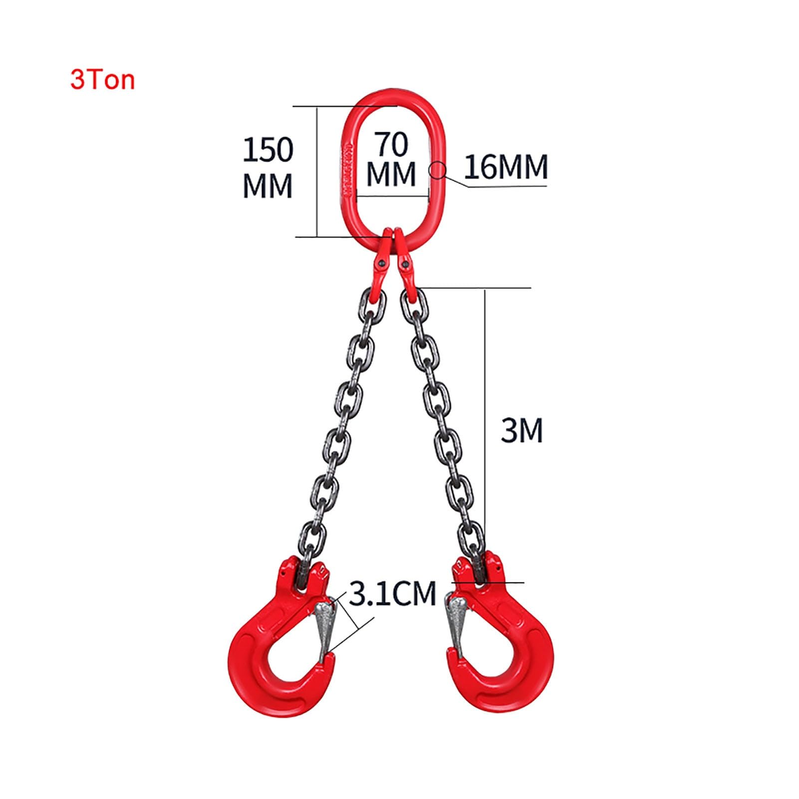 Catena a doppia gamba di grado 80 con ganci, capacità 3 tonnellate, lunghezza 3 m, catena di sollevamento in acciaio Mn-resistente per miniere, macchinari, porti, costruzioni