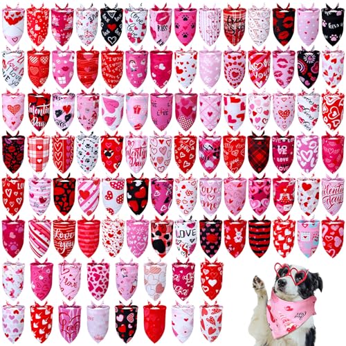 100 Pcs Valentines Dog Bandanas Pet Bandanas Bibs Bulk Love Valen...