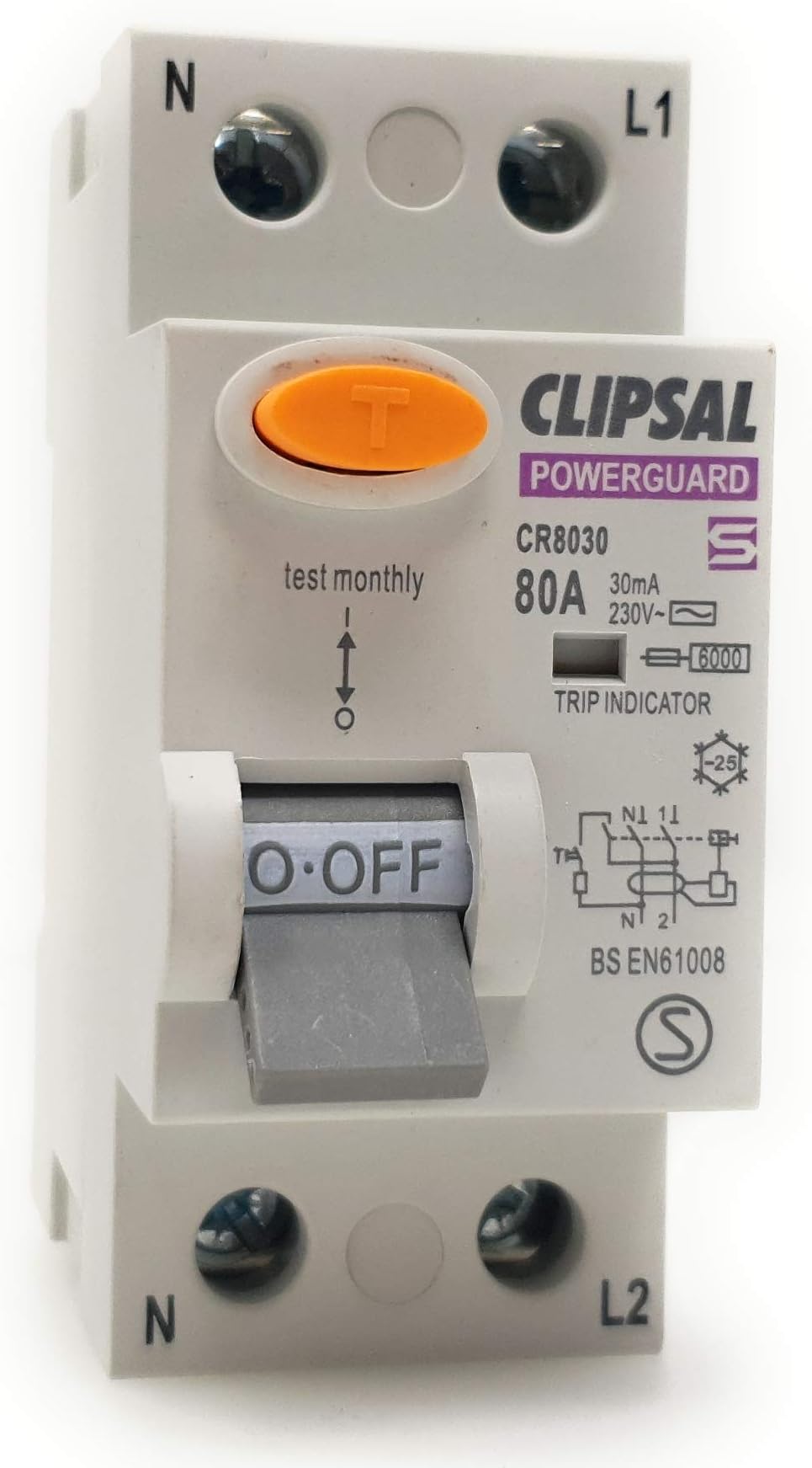 Florsol Wickes/Clipsal Powerguard - 2 Pole 80 Amp 30mA Type C Residual Current Circuit Breaker with Test (RCCB)