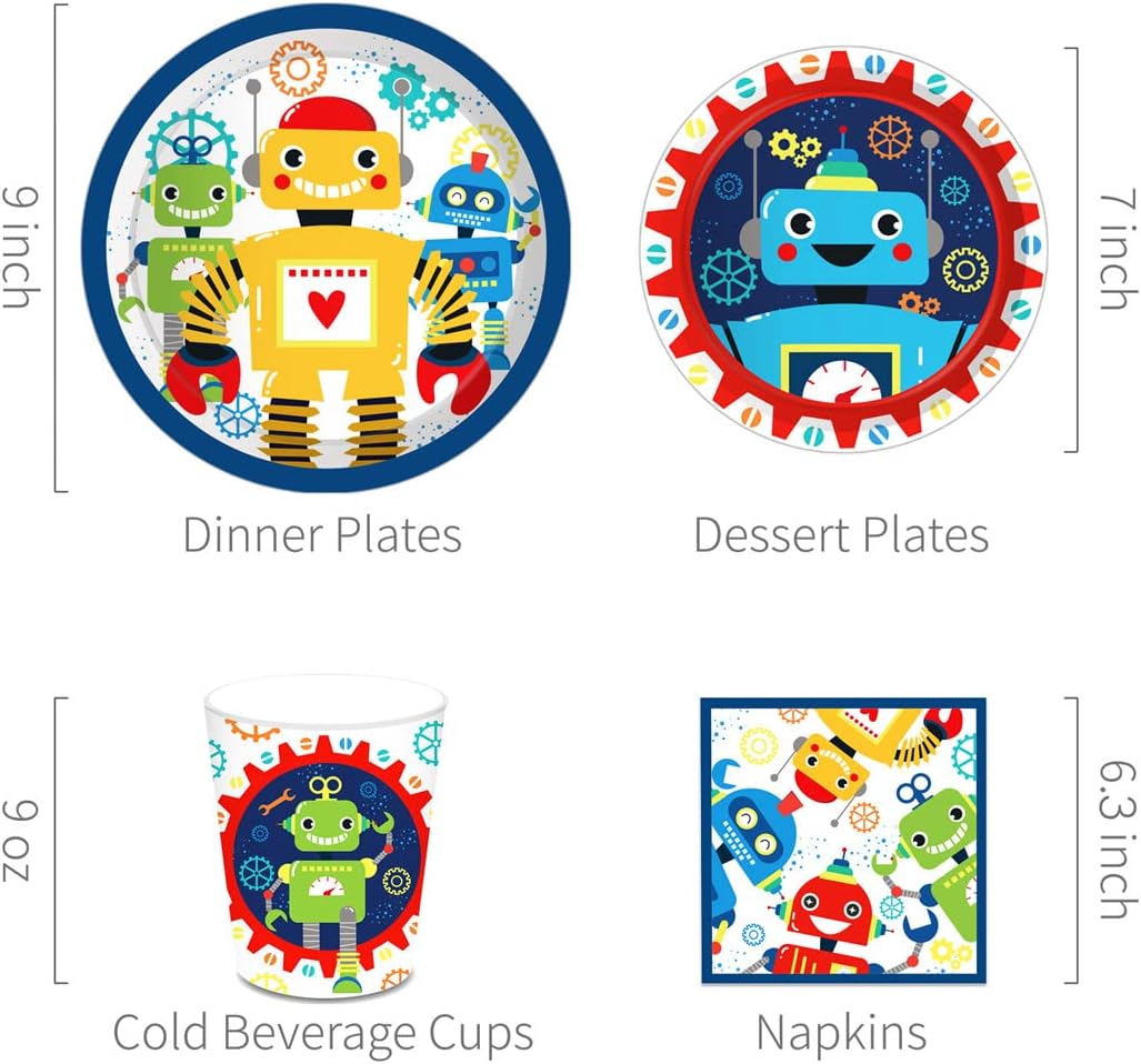 Robot Birthday Party Supplies Decorations Set Serves 8 Guests Including Plates Napkins Cups Forks Spoons Knives,Tablecloth,Banner Balloons Set for Kids Boy Robot Gear Party Decorations