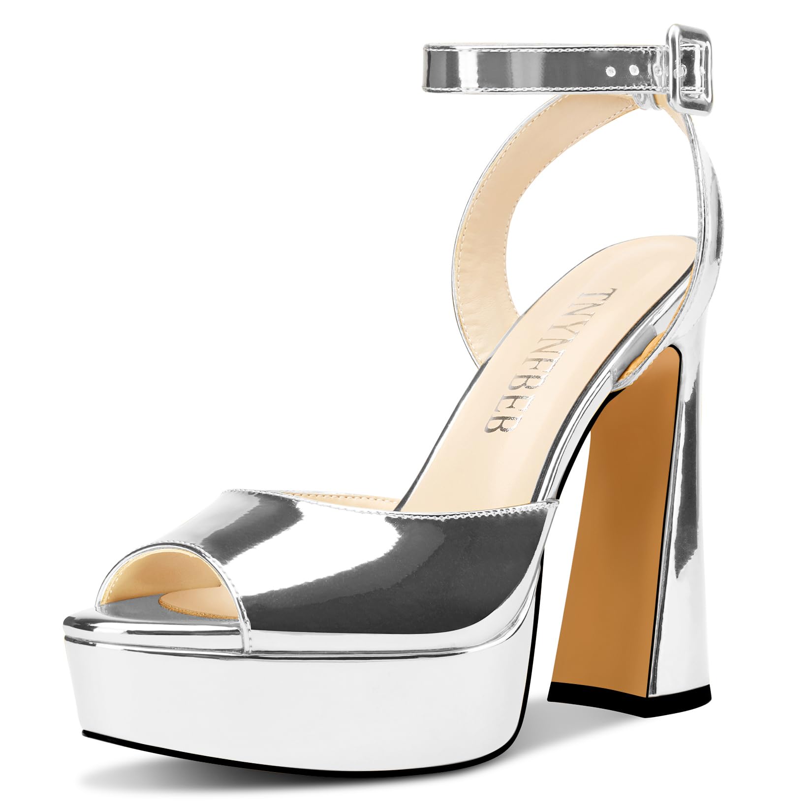 Womens Chunky Block High Platform Heel Peep Open Toe Sandals Ankle Strap Buckle Prom Dress Patent Leather 5.1 Inches Heels