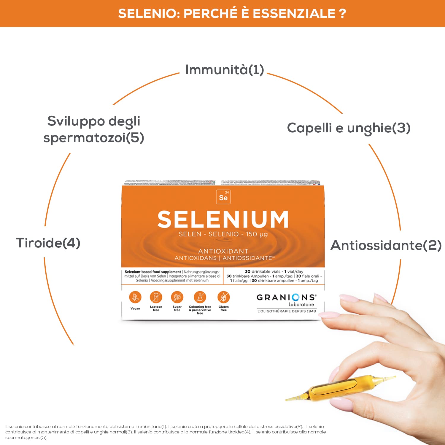 Granions Selenio 150 µg, Immunità, Antiossidante, Capelli e Unghie, Integratore Alimentare, 30 Fiale = 30 giorni