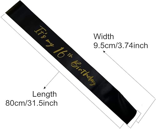 Miniatura 3 de Banda de cumpleaños número 16, bandas suaves de satén negro con letras de papel de aluminio dorado, decoración de banda de cumpleaños número 16,