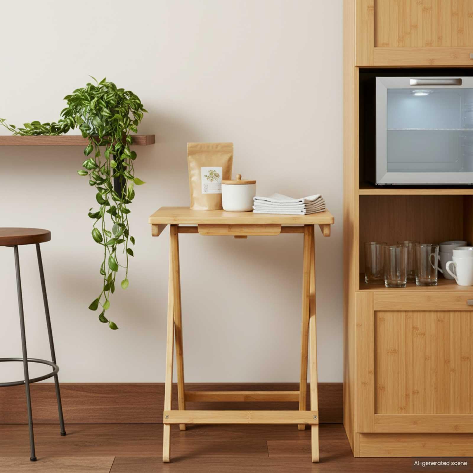 Stół kuchenny z naturalnego bambusa, 40 x 30 x 53,5 cm, składany, z nogami w kształcie litery X, do jadalni, salonu, na taras, balkon, zajmuje mało miejsca do jadalni ze schowkiem i stabilną