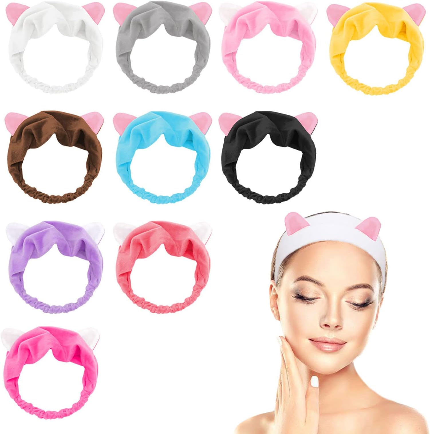10 Pieces Cat Ears Headbands For Face Washing, Elastic Cute Wash Headband, Hairband Facial Women's Lovely Hair Band For Spa Shower, Make Up Wrap Head Band Fits All Head Sizes (Muticolor)