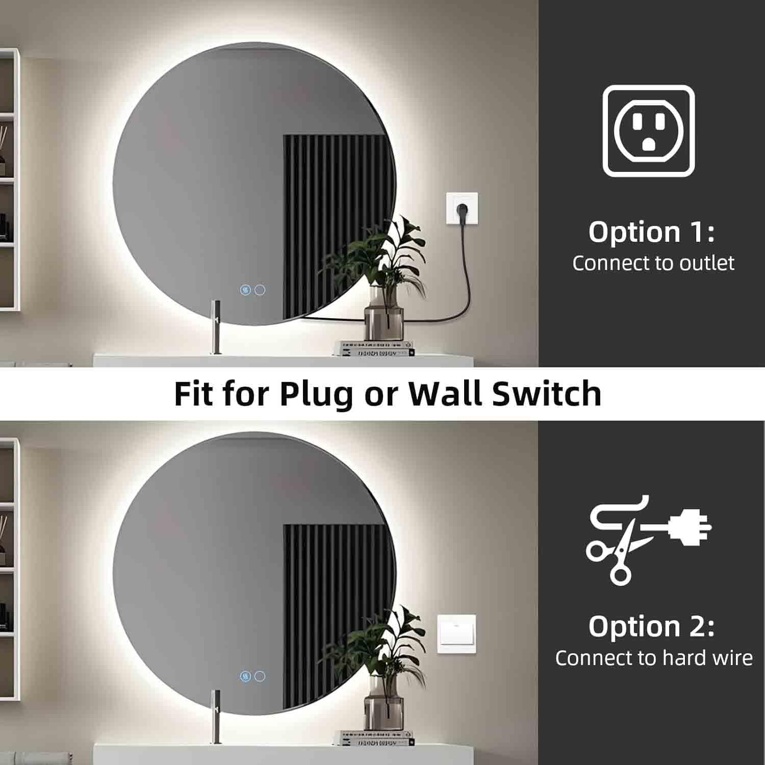 Okrągłe lustro łazienkowe LED ze światłami 81.3 cm, przeciwmgielne, podświetlane, 61 cm, montowane na ścianie, z podświetleniem, 3000 K / 4000 K / 6000 K (podświetlane, 110 cm/44)