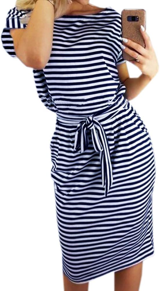 PALINDA Women's Striped Elegant Short Sleeve Wear to Work Casual Pencil Dress with Belt