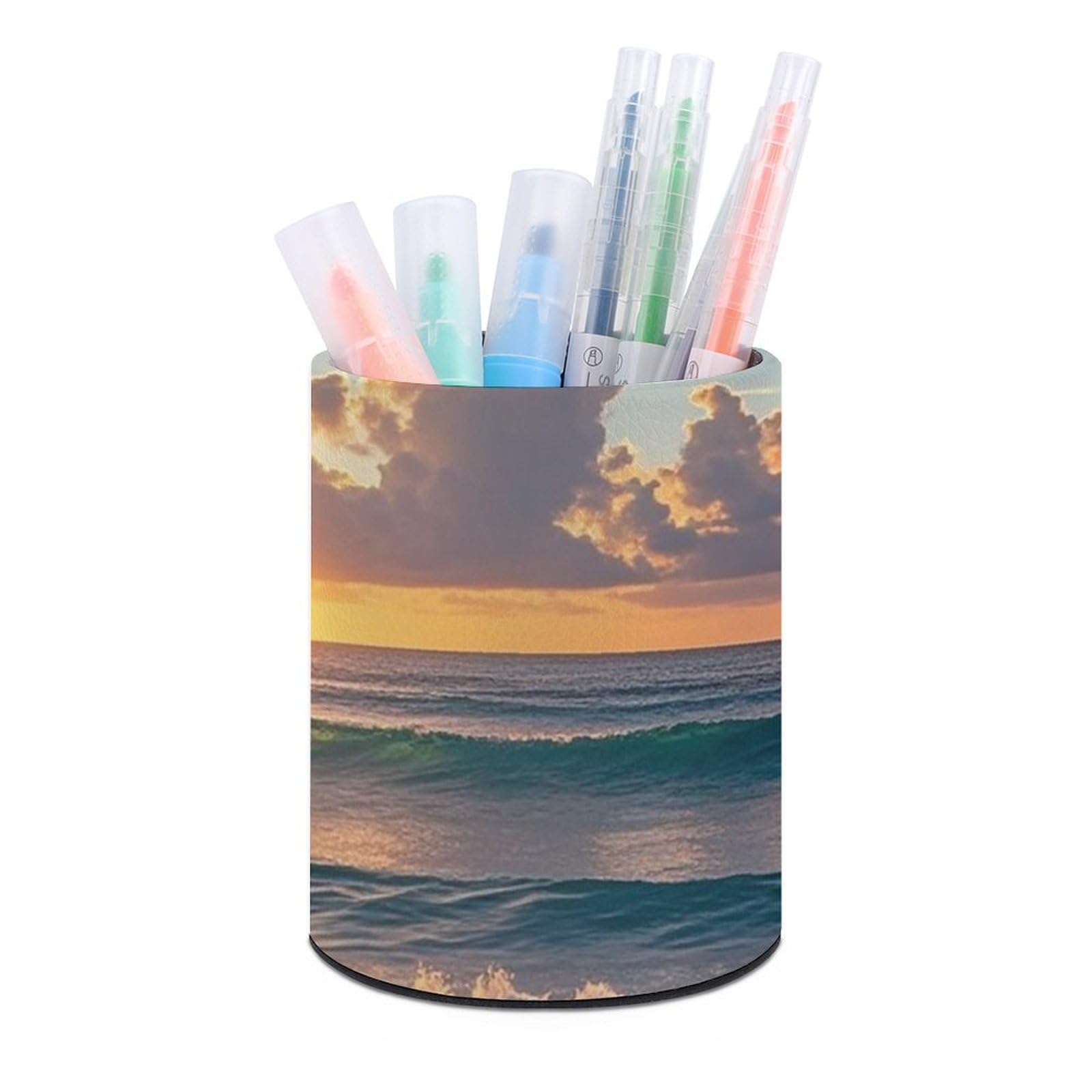 FekiLoot PU Leather Round Pen Holder Beach Maui Hawaii Sunset Pencil Holder Desk Organizer Pen Organizer Pen Cup Pencil Cup Caddy Desktop Stationery Organizers for Office Home Supplies