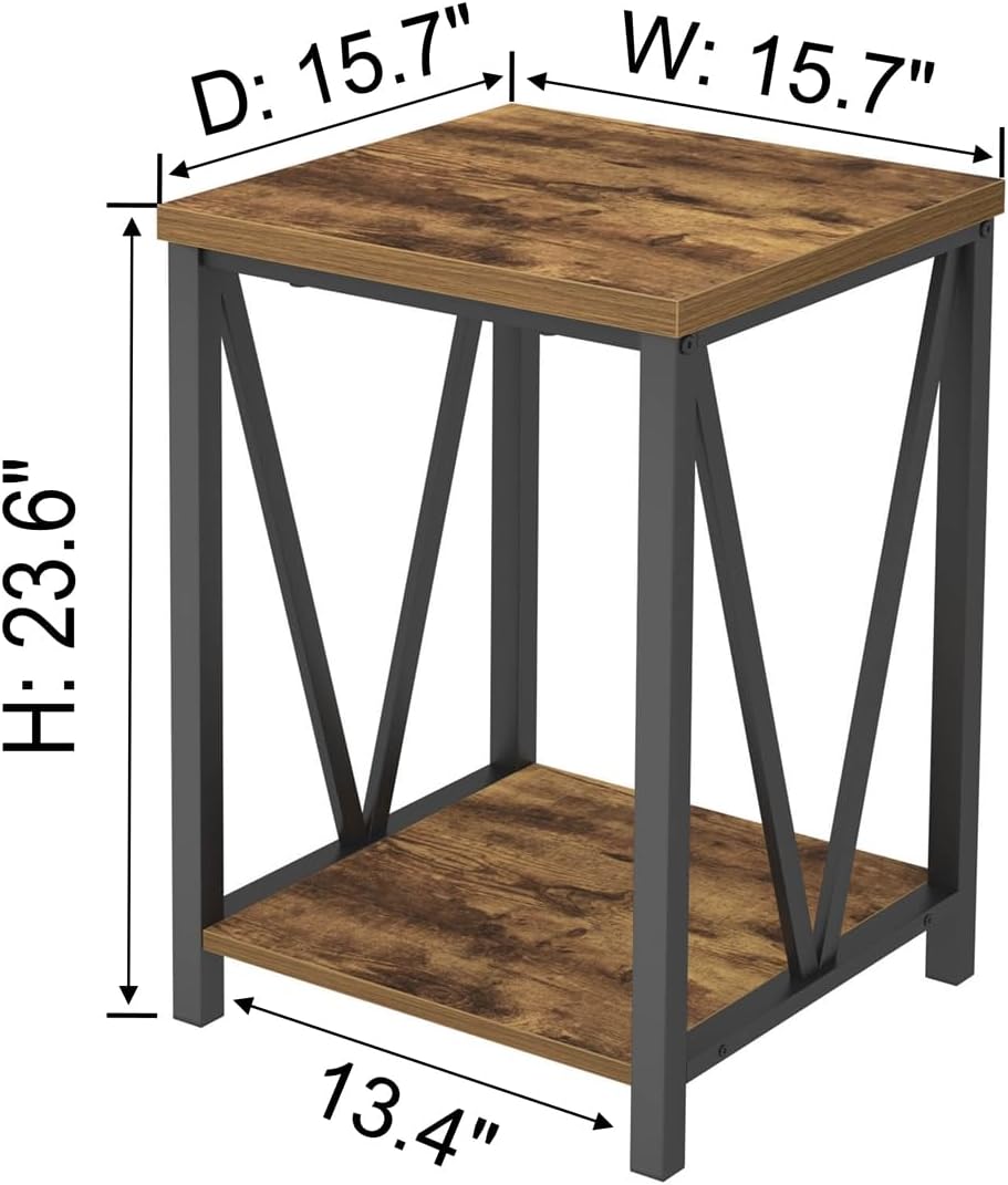 EXCEFUR End Table, Square Side Tables for Living Room, Industrial Metal and Wood Nightstand for Bedroom, Rustic Brown