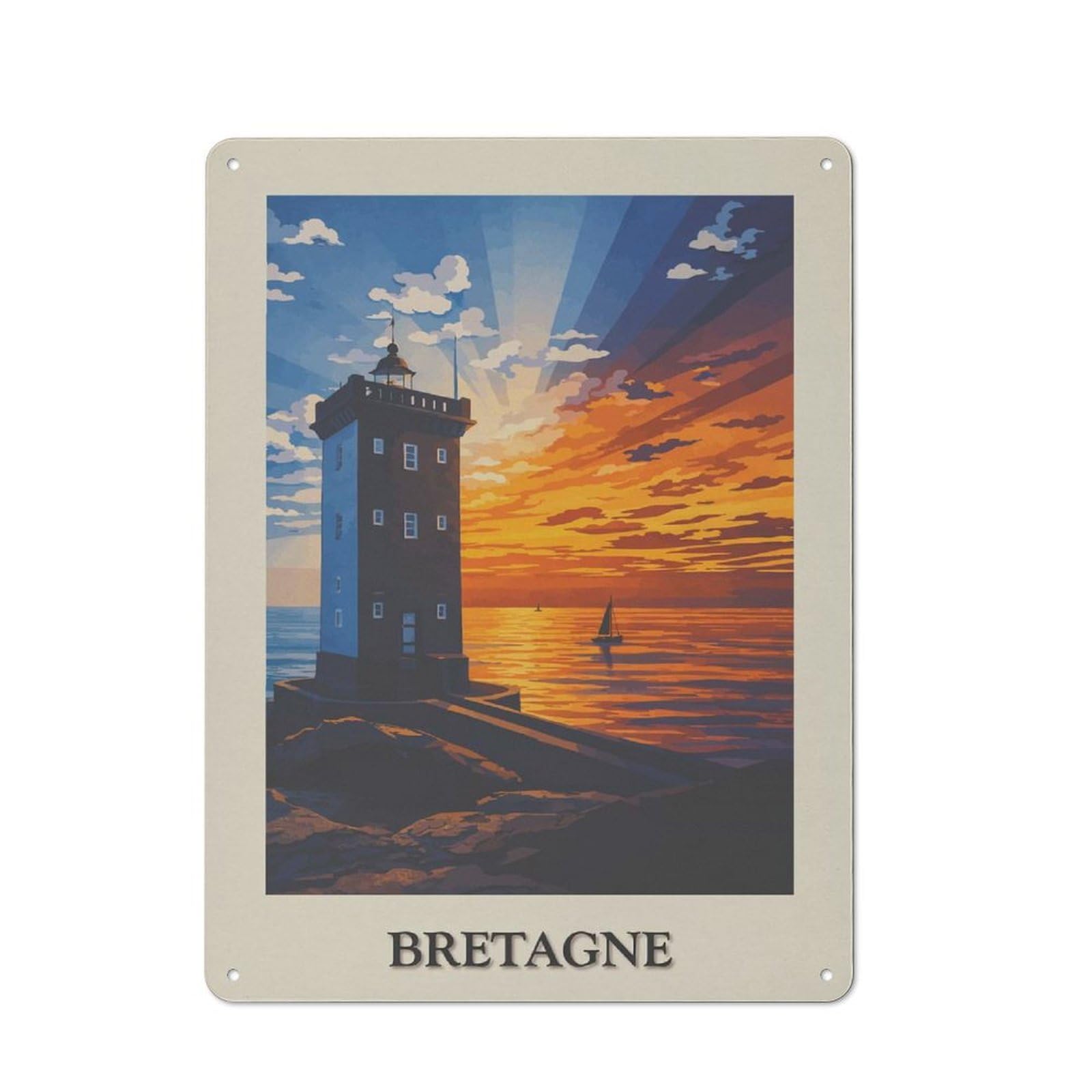 Understated Bretagne Lighthouse Sunset Metal Wall Plaque 40x30cm, Creative Space Decor for Office, Study, Studio Or Hallway