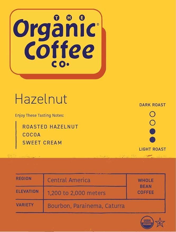 The Organic Coffee Co. Whole Bean Coffee in Hazelnut Crème flavor is a popular choice for those who enjoy flavored coffee. This 2lb bag contains medium roast coffee beans that are USDA certified organic, ensuring that they are grown and processed without the use of harmful chemicals or pesticides. The hazelnut crème flavor adds a rich and nutty taste to the coffee, making it a delicious and aromatic choice for coffee lovers.