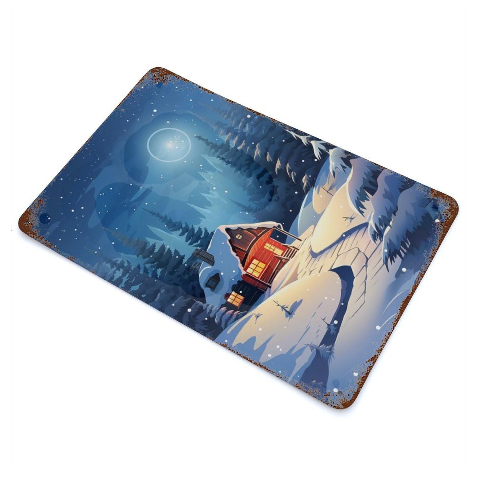 Garage Style Cabin in Winter at Night Weathered Tin Sign 11.8"x7.9", Classic Wall Plaque for Bar And Workshop