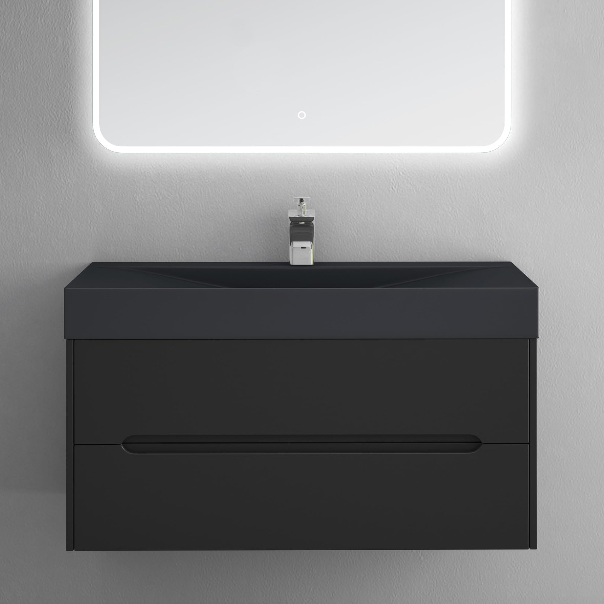 doporro Mobile Bagno Sospeso 100 cm con Lavabo in Marmoresina – Finitura Nero Opaco, Cassetti a Chiusura Rallentata, Serie Yoga