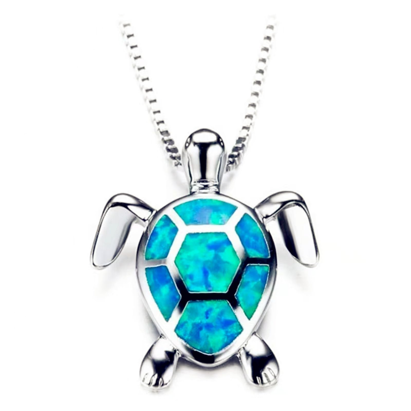 swglcowoSea Turtle Opal Pendant Necklace Silver Plated Unique Lovely Blue White Created Opal Ocean Longevity Animal Hawaiian Beach Chain Necklace for Women Men Birthday Holiday Fashion Jewelry Gifts