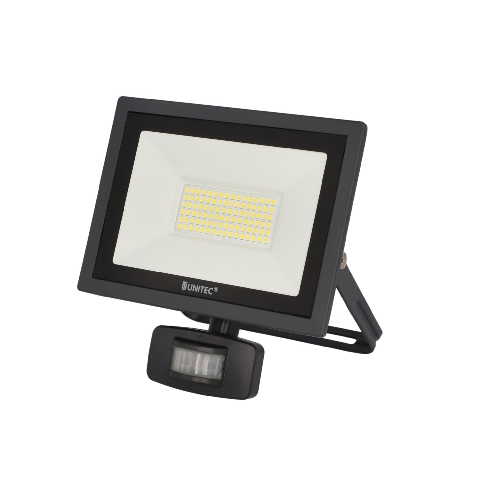 UNITEC Reflektor LED z czujnikiem ruchu na podczerwień 180° 50 W, 4000 lumenów, w zestawie przyłącze kablowe, 6500 K, antracyt, IP44, odlew ciśnieniowy aluminium, bezpieczne szkło, klasa efektywności energetycznej A+