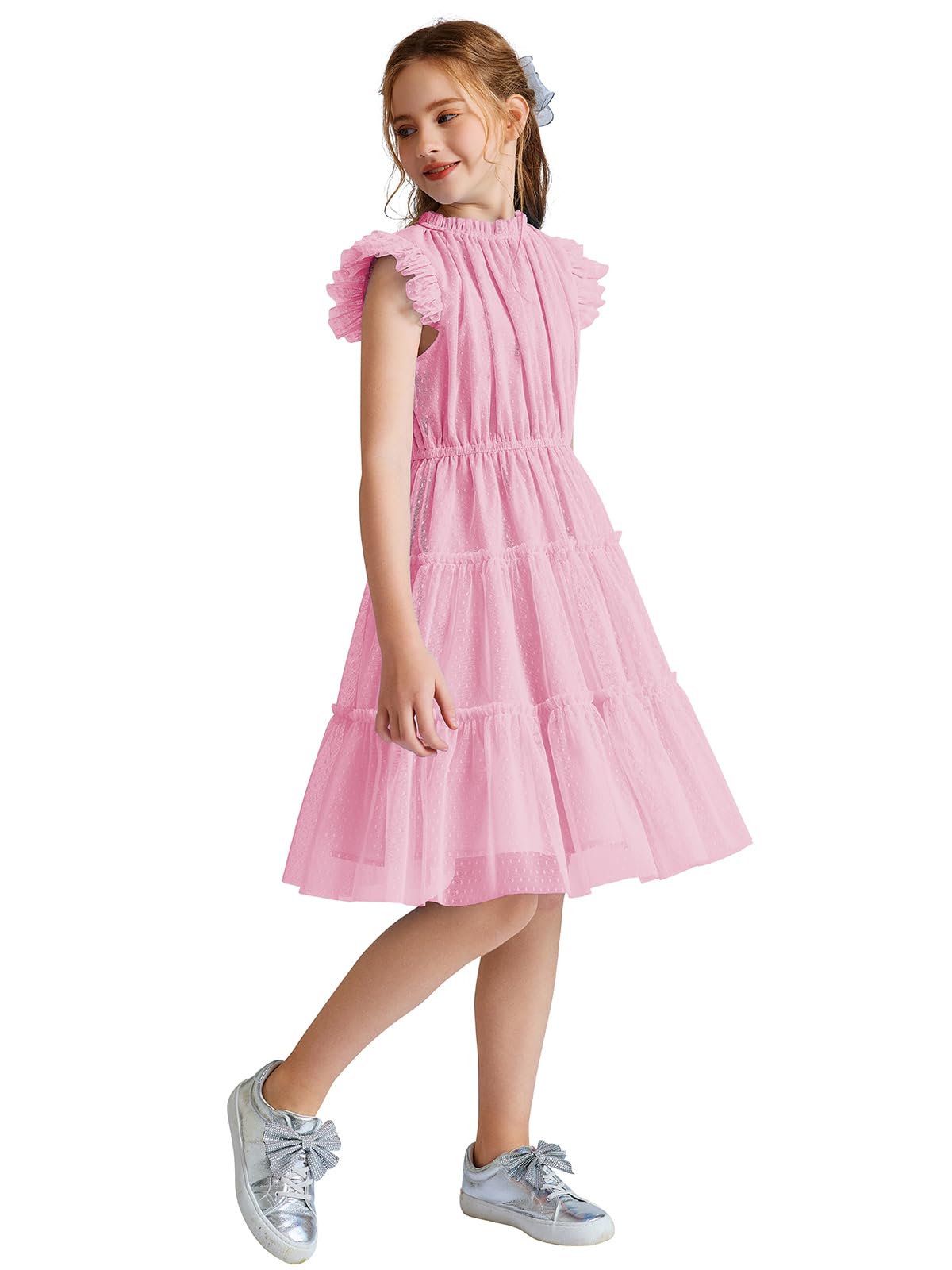 Quedoris Mädchen Tüllkleid, elastischer Hals und Taille, drei Schichten, Rüschenärmel, gestufter Rock, Party, Freizeitkleid