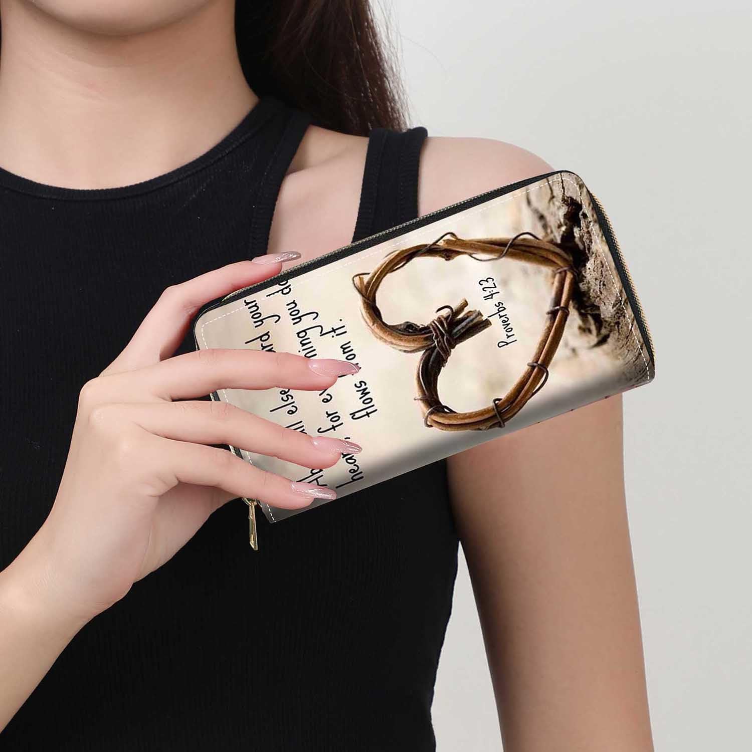 Women's Quote Bible Verse Proverbs 4:23 PU Leather Zipper Wallet, Large Capacity, 8 Card Slots, 2 Cash Slots, 1 Phone Holder, Black, Minimalist Stylish, Compact - Image 5