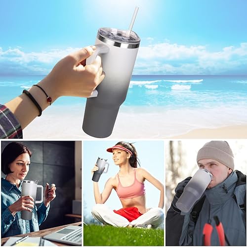 Miniatura 7 de SYACOT Vaso de 40 onzas con asa y pajita, vaso aislado de acero inoxidable, tapa a prueba de fugas y tapa con pajilla, taza de café reutilizable de