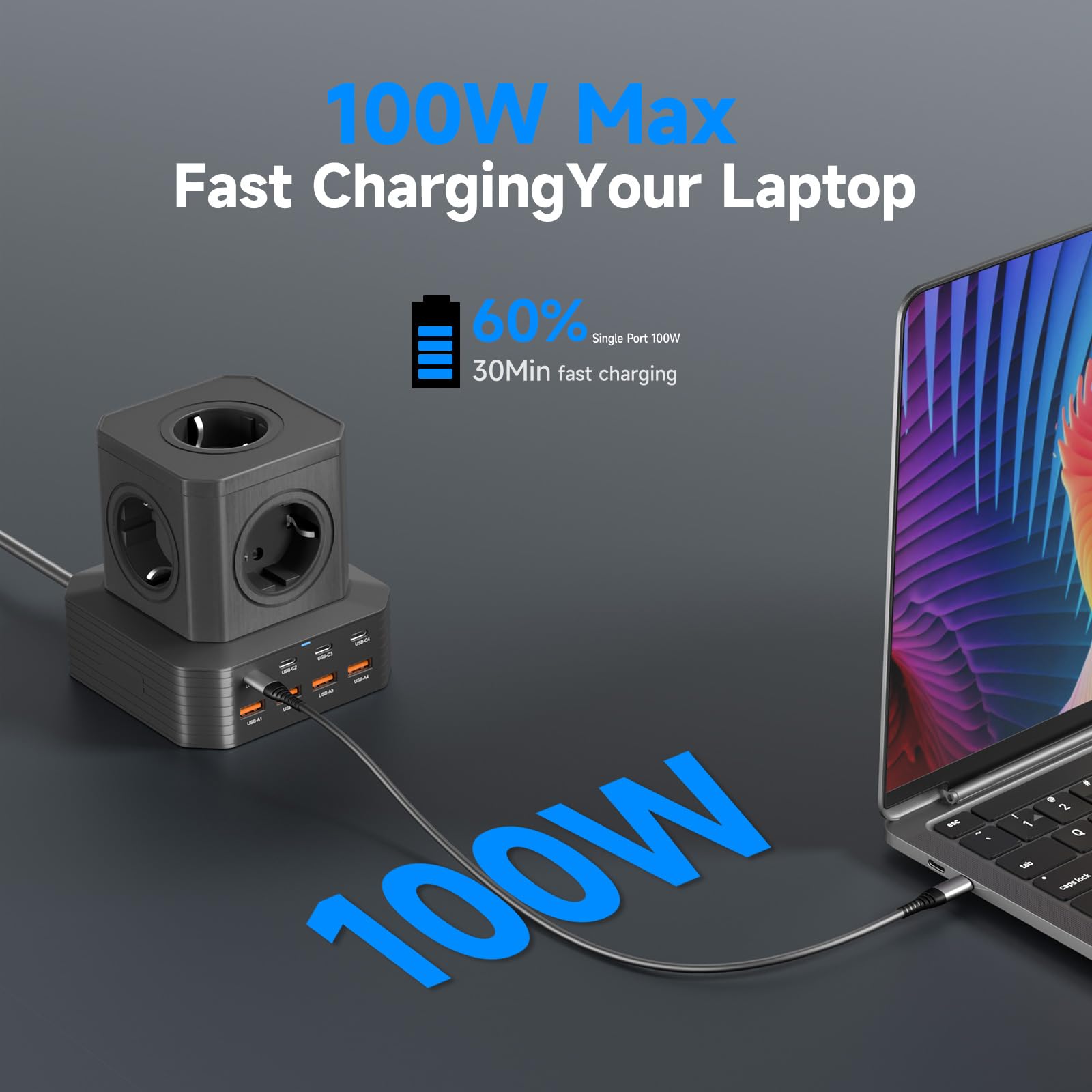 Cable de extensión eléctrica con 8 Puertos USB de Carga rápida, 100 W PD3.0 | Cable de extensión eléctrica con 8 puertos USB de carga rápida, 100 W PD3.0