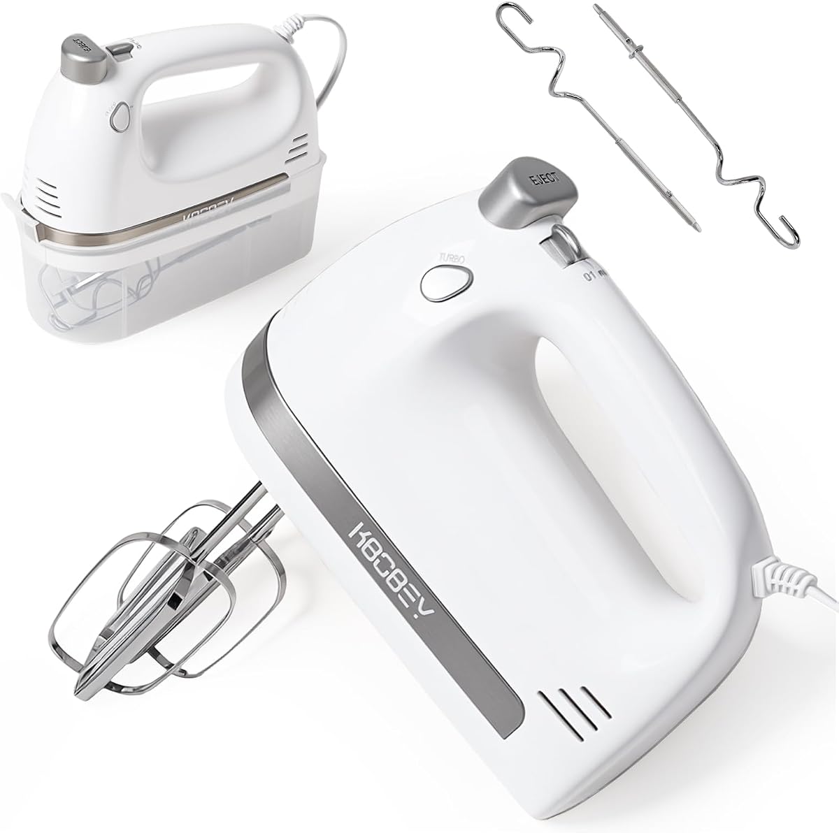 450W Electric Hand Mixer, 5-Speed Handheld Mixer with Storage Case, Turbo & Eject Button, Includes 2 Beaters & 2 Dough Hooks for Baking, Cake, Egg, Cream (White)