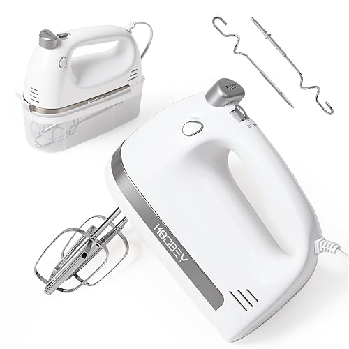 KBOBEY 450W Electric Hand Mixer, 5-Speed Handheld Mixer with Storage Case, Turbo & Eject Button, Includes 2 Beaters & 2 Dough Hooks for Baking, Cake, Egg, Cream (White)