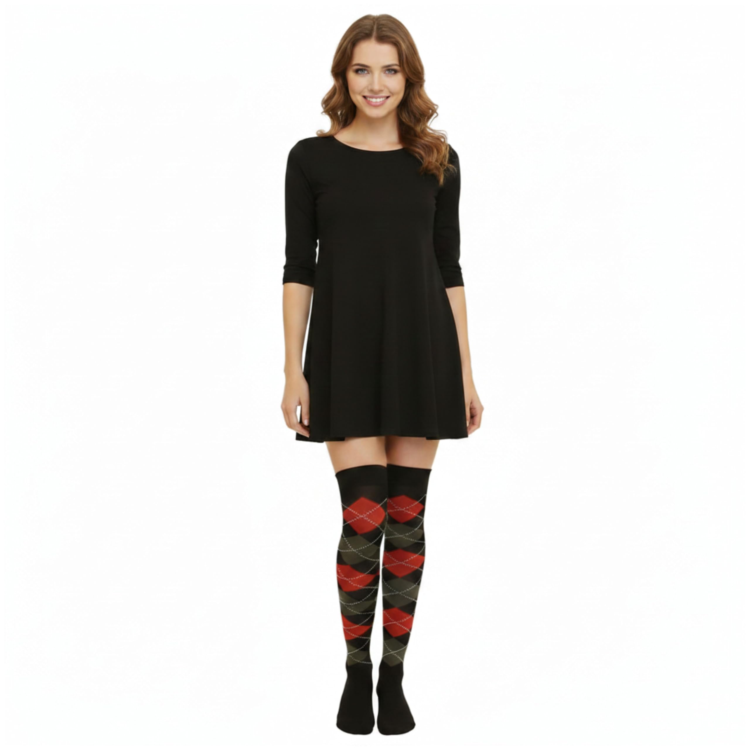 ShopMCR Red & Black Argyle Thigh High Socks (4 Pairs) UK 4-6 | Breathable Cotton Blend Plaid Legwear | School & Party Fashion (4-6, 4P, RD/BK)