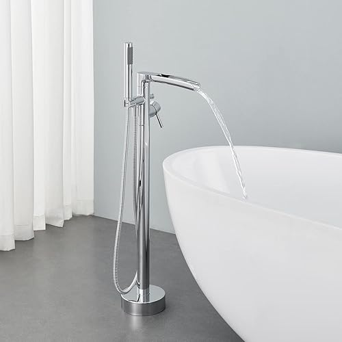 Miniatura 3 de Wowkk Grifo de Bañera de Cascada Independiente de Montaje en Piso Relleno de Tina de Latón Grifo de Baño de una Sola Manija con Ducha de Mano