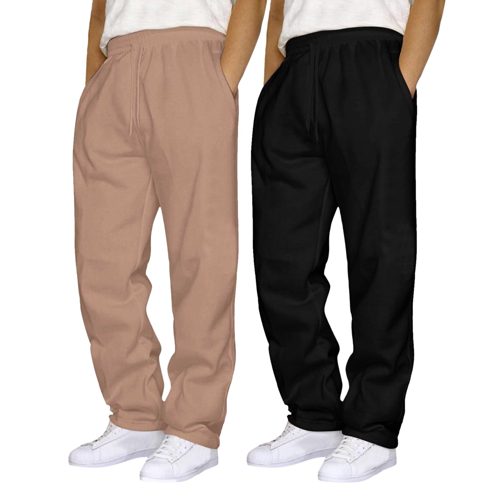 BFYSFBAIG Joggers for Men UK 2-Pack, Elastic Waist Bottoms Open Hem Wide Leg Trousers with Drawstring, Working, Gym & Lounge (Khaki+Black,S)