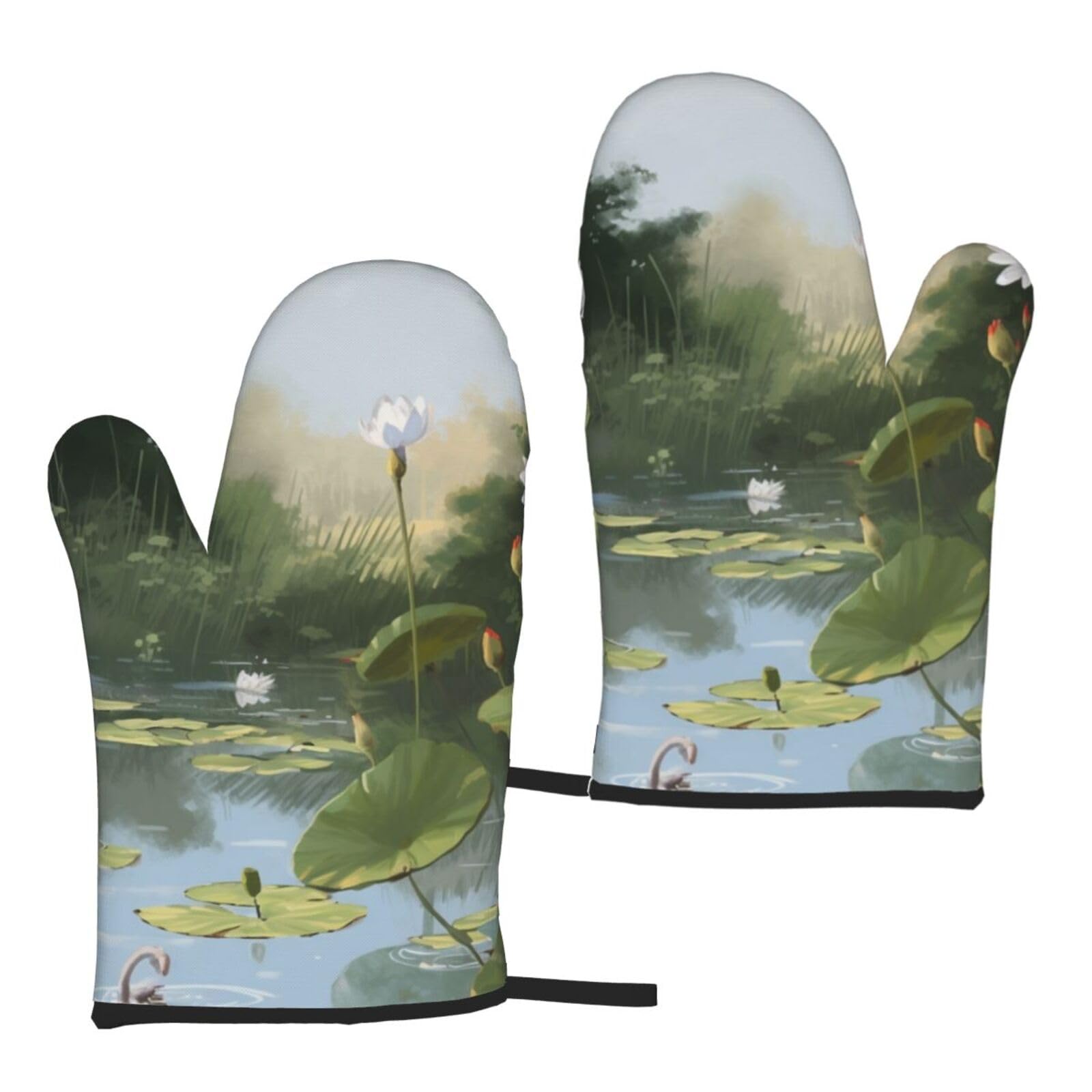 Summer Pond Printed Oven Mitts Sets 2 PCS Heat Resistant and Non-Slip Glove Potholder for Kitchen Cooking Baking Grilling