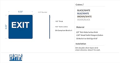 Miniatura 9 de ADA EXIT Sign Braille Grado II, 6.0 x 6.0in, cinta de doble cara (negroblanco)