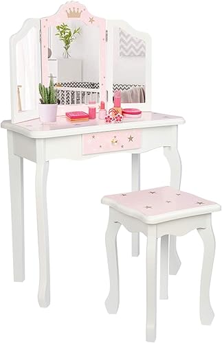 Miniatura 3 de Juego de tocador rosa para niños, juego de mesa y silla de maquillaje de madera para niñas pequeñas, tocador de princesa para niños, tocador con