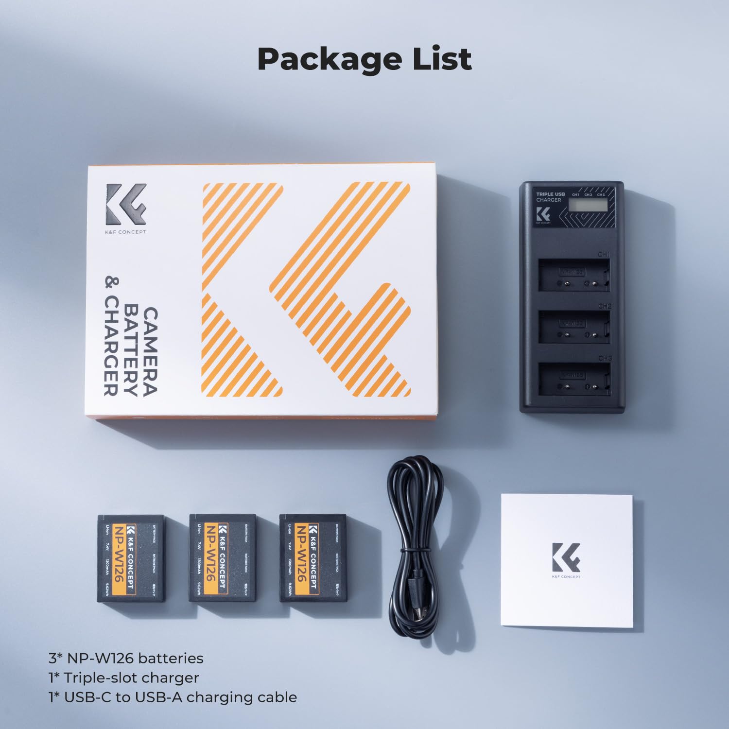 K&F CONCEPT 3-Pack Baterías NP-W126/NP-W126S y Cargador 3 Ranuras, 1300mAh Totalmente Decodificado Compatible con Fujifilm XM5/X100VI/X100V/XS10/XT30 II, LCD y Entradas Micro USB/Type-C