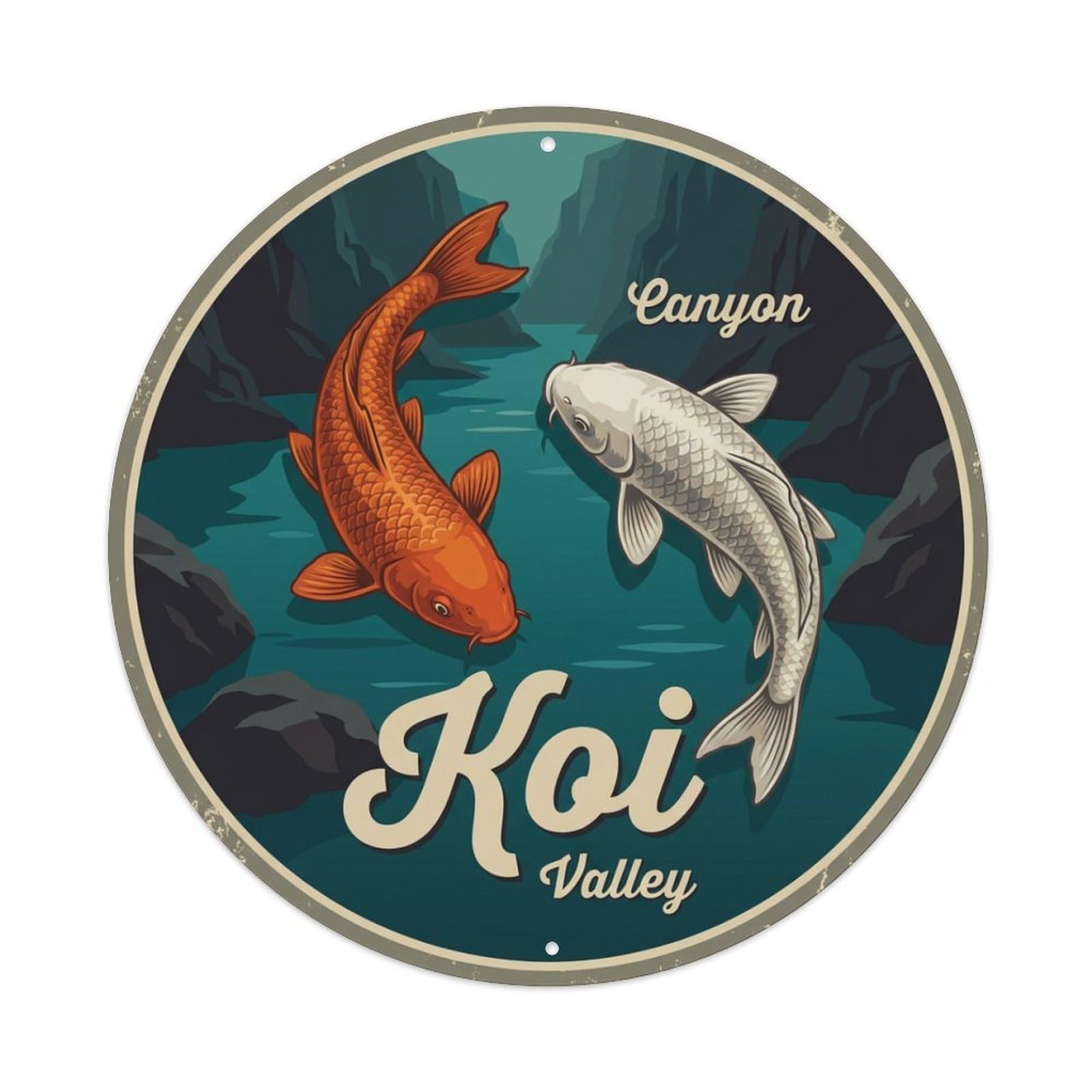 Koi Fish Canyon Valley Waters Deep Gorge Rocky Majestic Metal Tin Sign